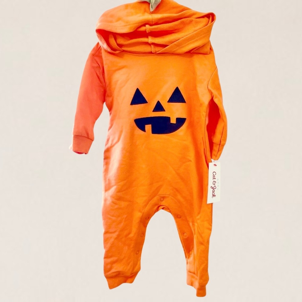 Cat & Jack Baby Pumpkin Hooded Romper Orange Halloween Costume Jack-O-Lantern 6M - Picture 3 of 5